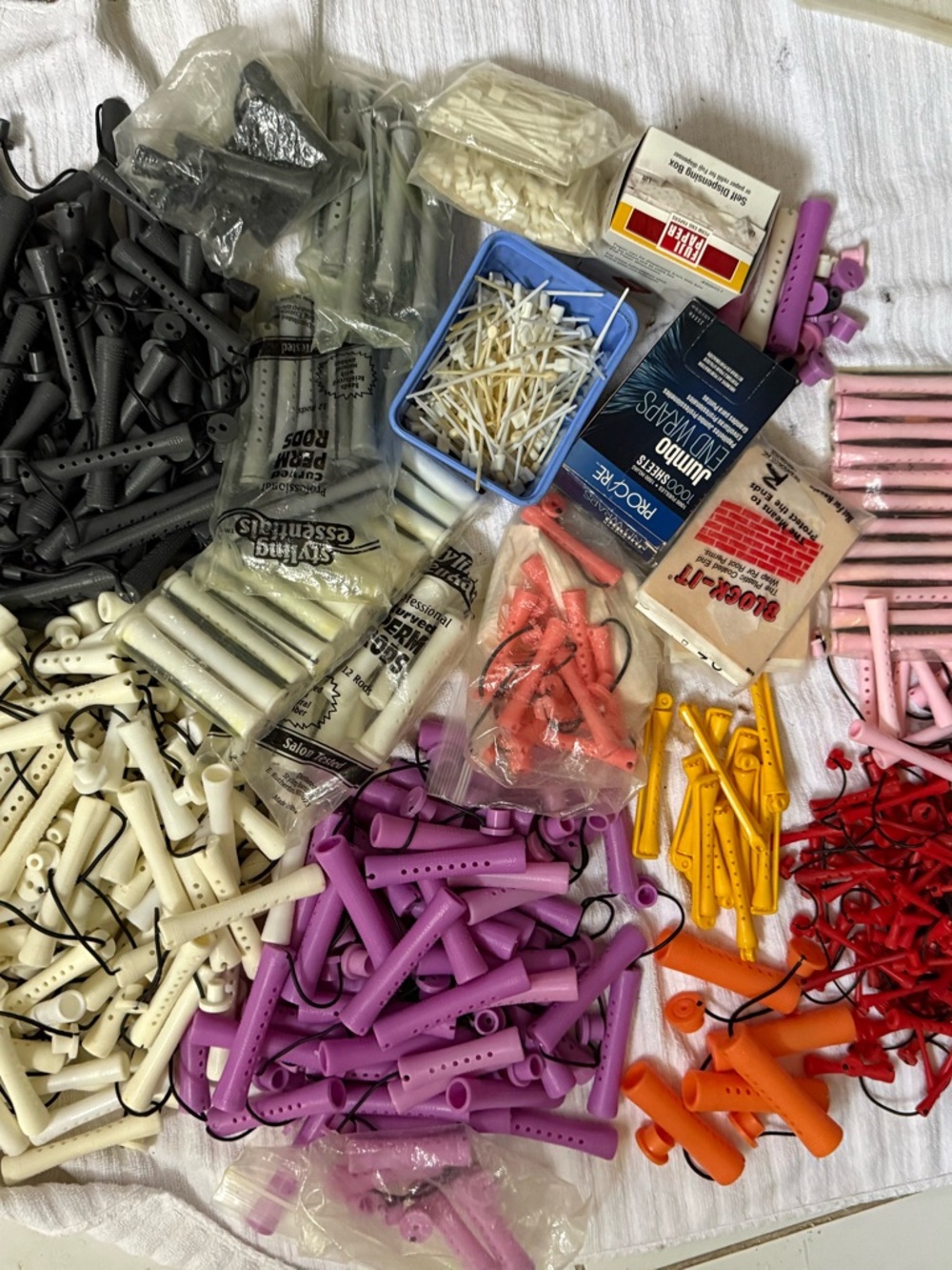 Assorted Plastic Hair Perm Rods & Clips - Purple, White, Yellow, Orange, Red